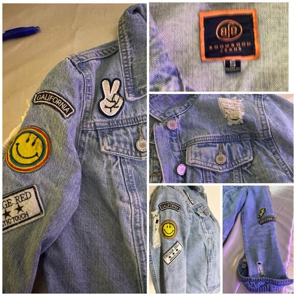 Boom Boom Distressed Jean Jacket Patches Trucker Y2k Festival Cropped Grunge - Picture 2 of 10